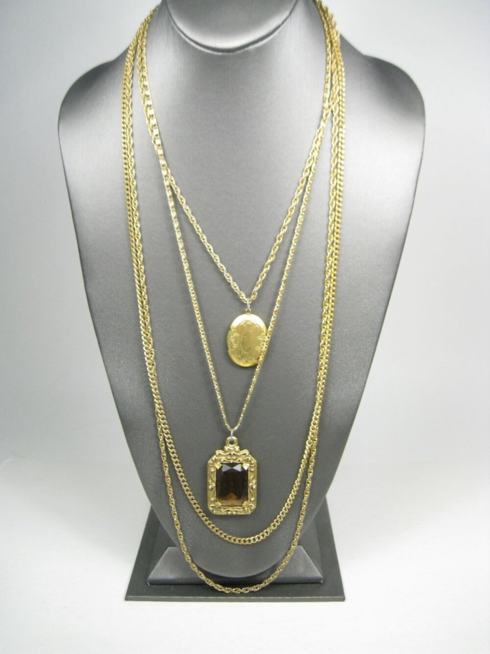 Vintage 1950 Goldette Multi Strand Gold Necklace Medallion Locket Rhinestone